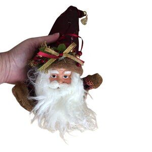 Large 13 Inch Bisque Santa Face Christmas Satin Red Hat Ornament Hanging Art